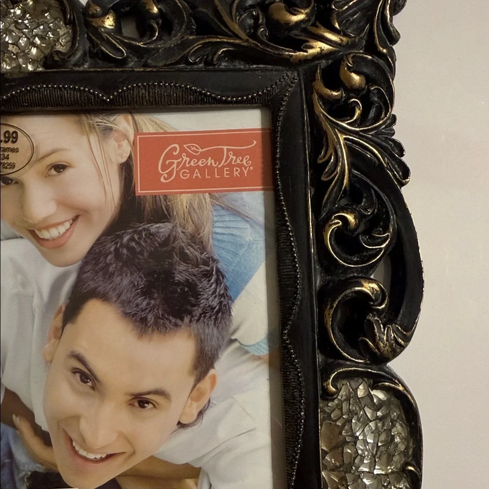 Green Tree Gallery. Ornate Picture Frame Black and Gold Finish & Crushed Glass